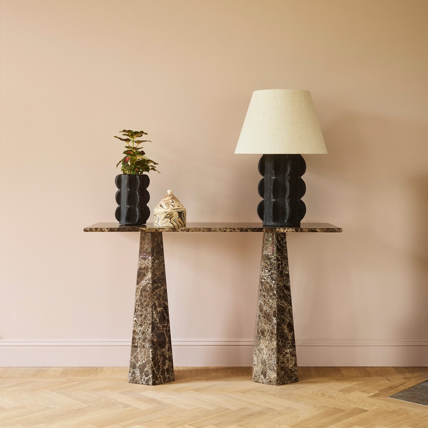 District Loom X Dusty Deco Hexagon Console Table Dark Emperador