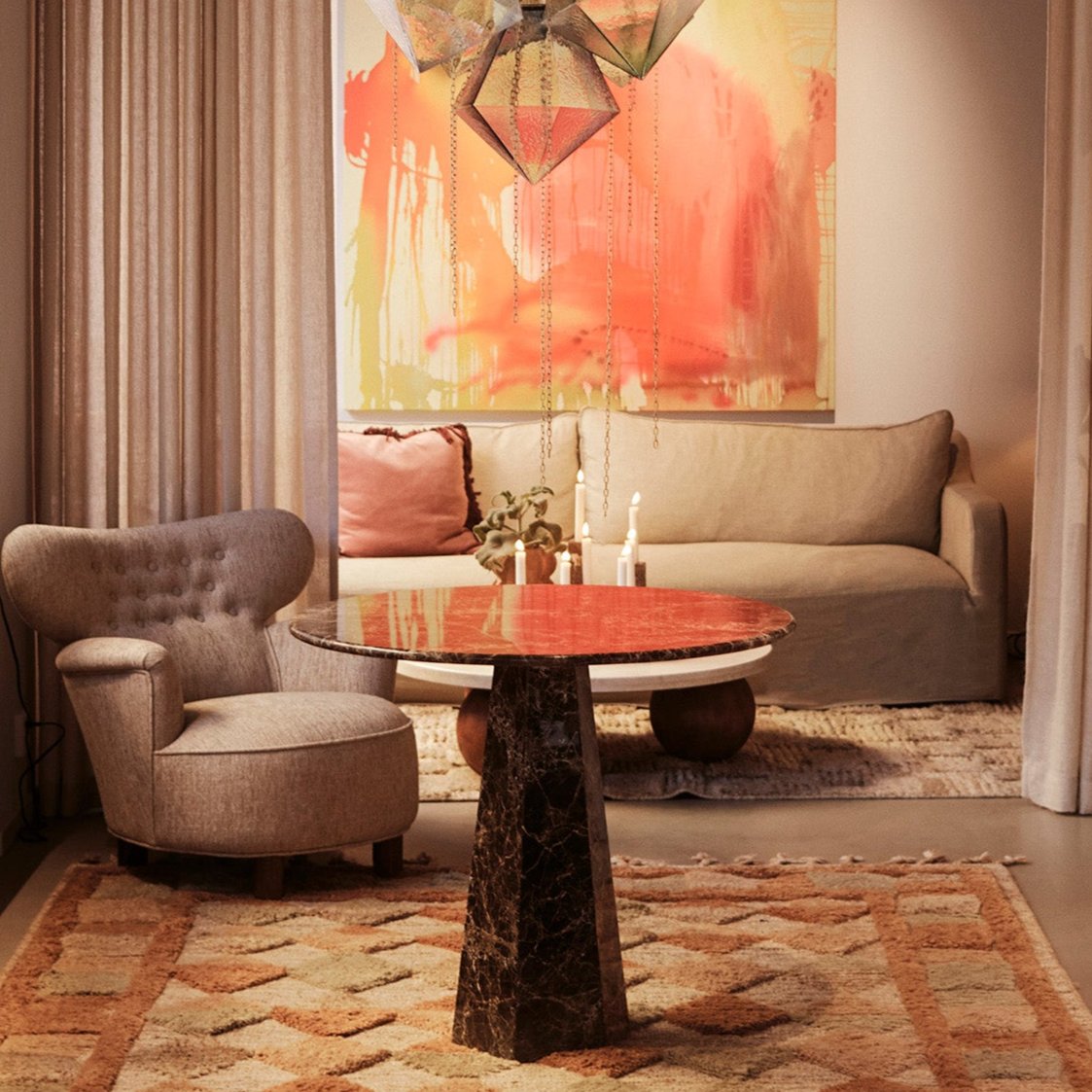 District Loom X Dusty Deco Hexagon Dining Table Dark Emperador