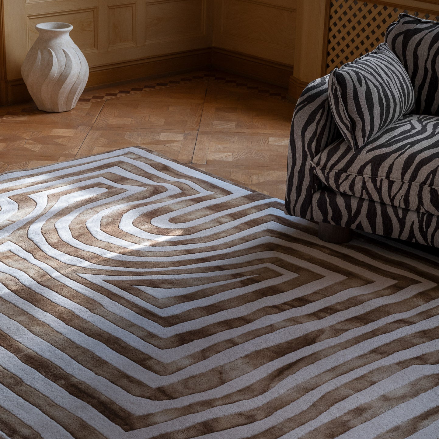 District Loom X Dusty Deco Psychedelic Labyrinth Beige Dip Dye Rug