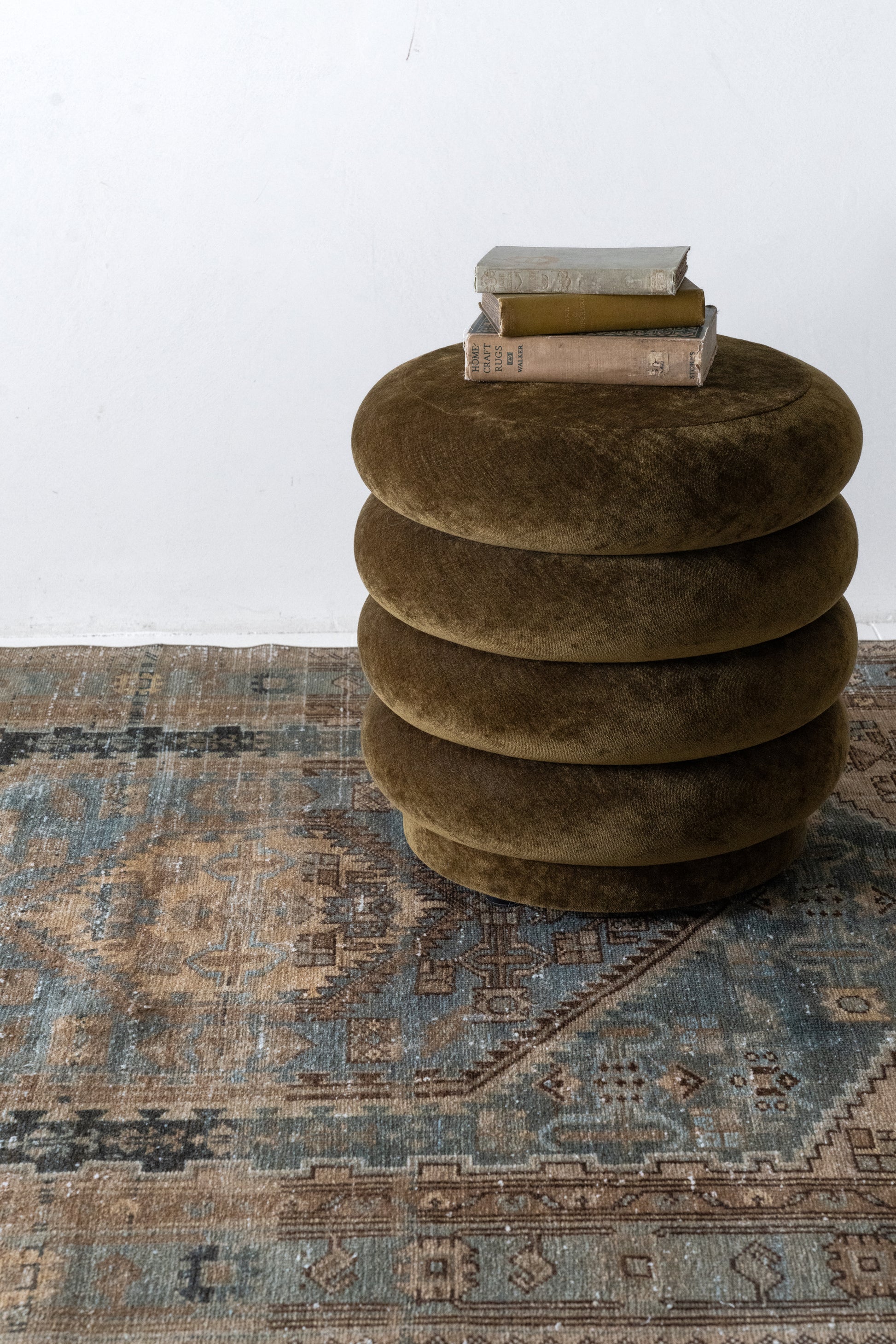 District-Loom-Vintage-Scatter-Rug-Styled-Green-Pouf