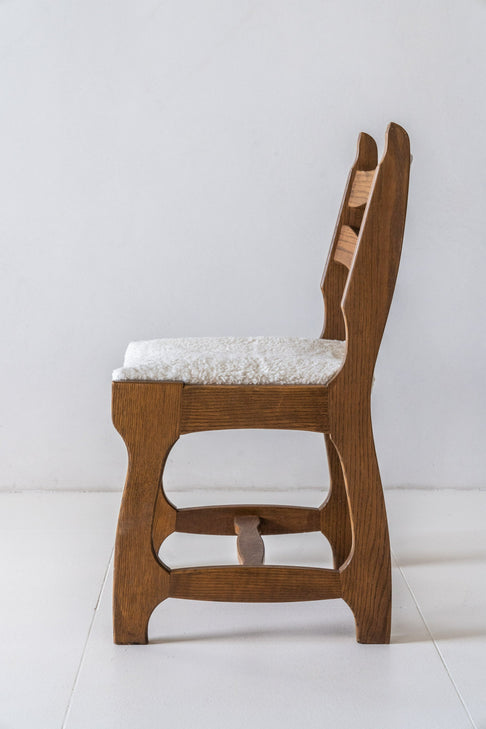 District Loom Furniture Oak Wooden and Reuplostered Ivory Sherpa Chairs