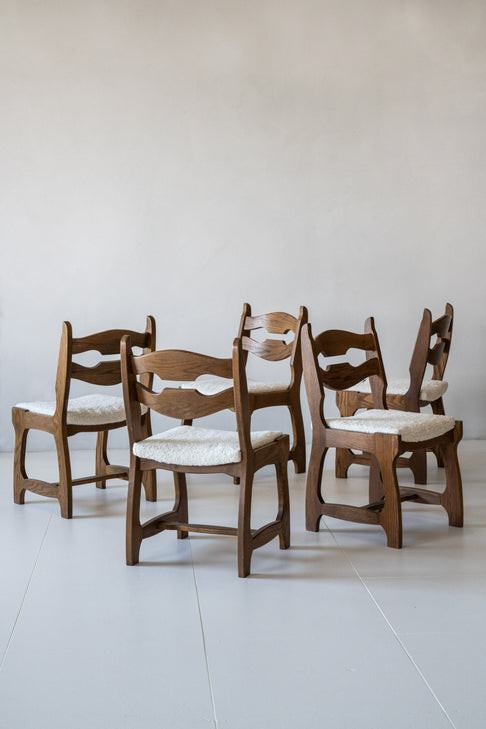 District Loom Furniture Oak Wooden and Reuplostered Ivory Sherpa Chairs