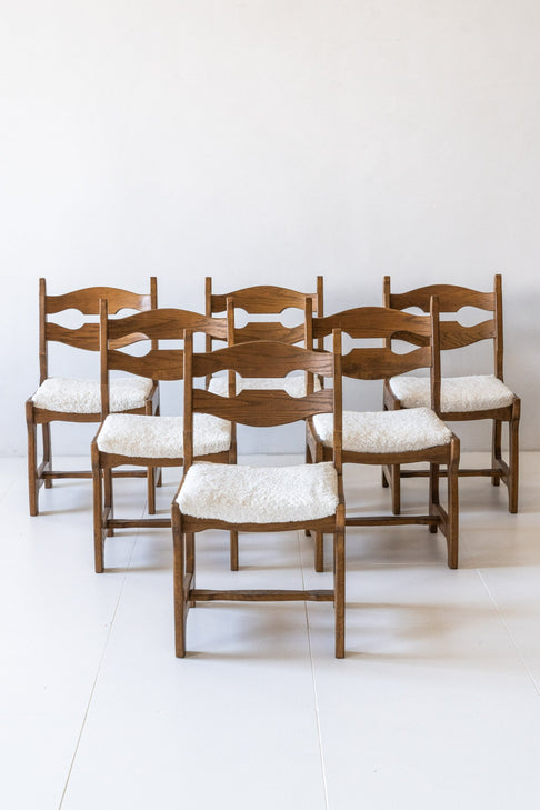 District Loom Furniture Oak Wooden and Reuplostered Ivory Sherpa Chairs