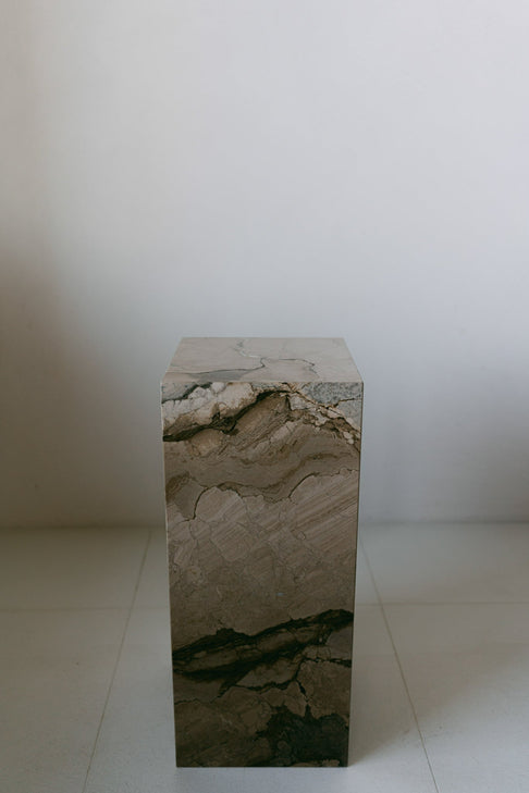District Loom Furniture Illusion Bronze marble plinth pedestal locally sourced from natural marble stone slab remnants and handcrafted to serve as a sustainable sculptural element in your