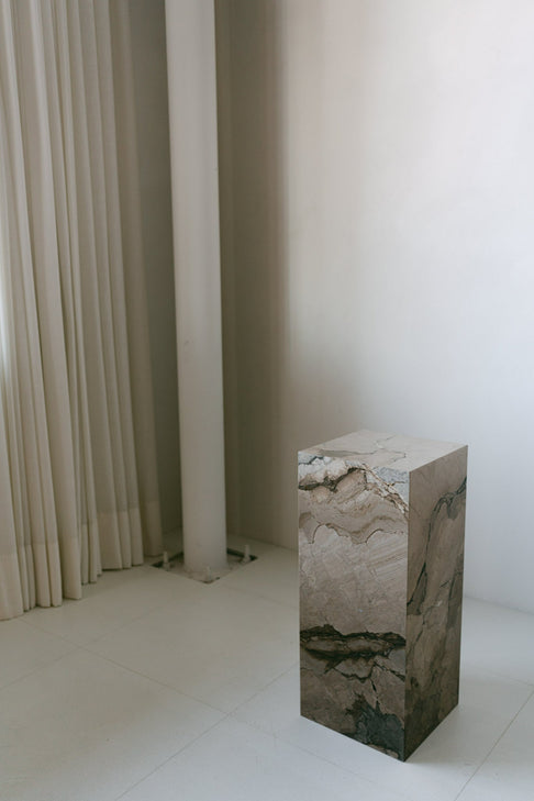 District Loom Furniture Illusion Bronze marble plinth pedestal locally sourced from natural marble stone slab remnants and handcrafted to serve as a sustainable sculptural element in your home 007