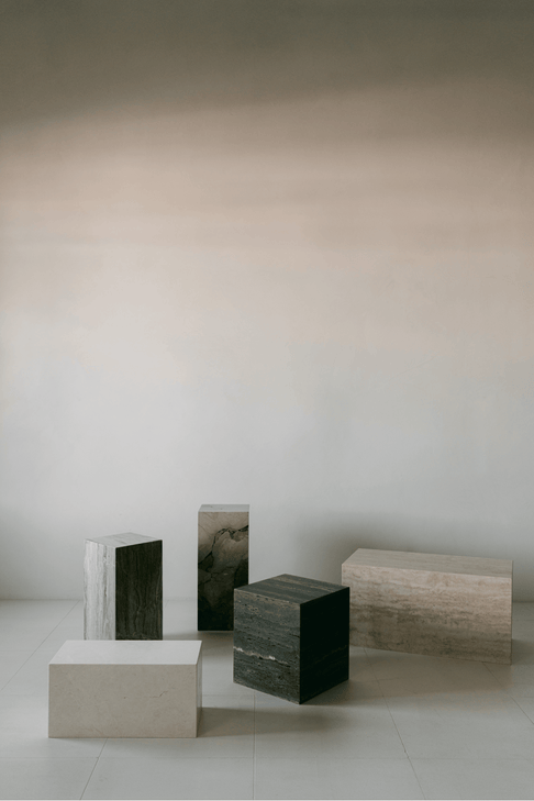 District Loom Furniture Illusion Bronze marble plinth pedestal locally sourced from natural marble stone slab remnants and handcrafted to serve as a sustainable sculptural element in your